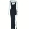 Casual Kleider Joskaa Sexy Hohl Mesh Patchwork Schwarz Abendkleid Frauen Spaghetti Strap Hohe Split Bodycon Maxi 2024 Party Clubwear