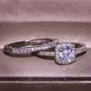 Micro incrustado banhado a ouro popular feminino noivado novo casal moda quatro garra zircão anel 2 peças conjunto de 3 peças