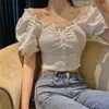 Vrouwen Blouses Korte Mouw Korset Crop Top Witte Knop Bladerdeeg Eetbare Boom Stitch Vintage Elegante Vrouwen Zomer Shirts 2024