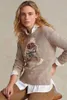 24 New Women's Knitwear Long sleeved Sweater with Bear Pattern Weaving Solid Color Casual