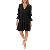 Casual Dresses Women A Line Mini Dress Long Sleeve Loose Fit Solid Color V Neck Trendy Pleated Tiered Short