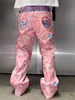 Designkänsla Tungt hantverk Pink Camouflage broderade jeans Men Street Hip Hop unisex raka breda benbyxor 240115