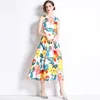 Casual Jurken Elegante O-hals Vrouwen Zomer Mouwloze Runway Designer Vintage Print Hoge Taille Geplooide Grote Swing Tank Jurk Vrouwelijke