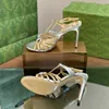 New Women's Crystals Sandal 8.5cm 24 Designer Summer Stiletto High Heel Luxury Sandal House Details Real Leather Open Toe Ankle Buckle Rhinestone Wedding Dress Shoes