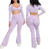 Nouveau Scrench Flare jambe ensemble femmes 2 pièces Yoga ensemble exercice gymnastique ensemble à manches longues haut court Fitness danse robe 240116