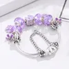 Boosbiy charme pulseiras diy romântico roxo flor contas com pendente banhado a prata ajuste pulseira fina para mulheres jóias presente desgin