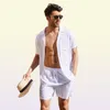 Set di camicia in lino di cotone estate da uomo casual abito da 2 pezzi all'aperto e abiti da casa pigiami comodi set di maniche corte traspirabili da spiaggia 22544714