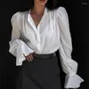 Blusas femininas 2024 primavera moda blusa de peito único escritório causal manga longa camisas de cor sólida outono elegante jacquard solto topos