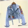 Damenjacken Damenjacken Frühling Jeansjacke Damenmode Blumen Stickerei Pailletten Kurze Jeans Vintage Lose Streetwear Drop Dh8Oj