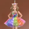 Avond Eenhoorn Jurk LED Licht Glanzende Bloem Meisjes Kostuums voor Verjaardagsfeestje Halloween Cosplay Kostuum Kinder Kerst Kleding 240116