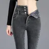 Termal Kış Kalın Polar Yüksek Belli Sıcak Skinny Jeans Kalın Kadınlar Streç Düğme Düğmesi Pantolon Anne Günlük Kadife Jeans 240116