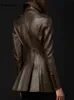 Nerazzurri British Style Brown Leather Trench Coat for Women Double Breasted Runway Fashion Fited Soft Faux Leather Blazer 240115