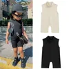 Summer jumpsuit for young children girls and boys solid colored high necked sleeveless short sleeved jumpsuit with ribbons fashionable clothing 240116