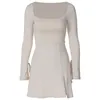 Kvinnor Solid Slim Fit Square Neck Drawstring Long Sleeve Dresses White Black Futterfly Split Asymmetrical Mini Dress 819 240115
