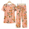 Dames tweedelige broek 2 stks/set damesoutfit oma zomerpyjama sets los dun slapen wijde pijpen kleurrijke bloemenprint moeder van middelbare leeftijd