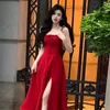 French Elegant White Strap Midi Dress Summer Casual Evening Party Women Beach Sleeveless Lace-up Red Korean 240115