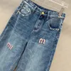 Femmes Miu lettre strass Jean concepteur Denim pantalon haute qualité pantalon ample