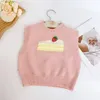 Printemps coréen enfants fille gilet dessin animé gâteau aux fraises tricoté enfant fille pull broderie sans manches doux bébé fille pull 240116