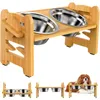 Bambu standı ile yükseltilmiş paslanmaz köpek kaseleri eğik ayarlanabilir yükseltilmiş köpek kedi maması su tutucu evcil hayvan besleyici aksesuarları 240116