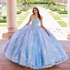 Mexiko Sky Blue Spaghetti Strap Ball Gown Quinceanera Dress for Girl Beaded Applique Lace Birthday Party Gowns Prom Dresses Sweet 16