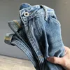 Jeans masculinos 2024 solto perna reta calças finas moda tendência casual rua azul denim nove pontos homens