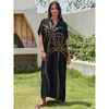 Maillots de bain pour femmes Beach Cover Ups Feuille brodée Femmes Kaftans Manches courtes Noir Élégant Maxi Robes 2024 Vacances Beachwear Baignade