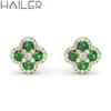 Hailer – boucles d'oreilles en forme de trèfle pour femmes, en or pur, en Moissanite cultivée en laboratoire, émeraude verte 10K 14K, 0,5 ct