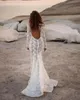 Simple Mermaid Wedding Dresses High Collar Lace Bridal Gowns Long Sleeves Backless Illusion Bride Dresses Custom Made