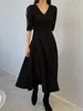 Party Dresses Women's Vintage Midi Dress Elegant Slim Office Casual Monochromatic Birthday Black Female Fashion Korean Summer
