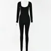 Deep necked long sleeved jumpsuit tight fitting black elastic jumpsuit autumn and winter women's clothing 240116