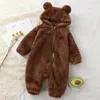 Cute Winter Warm Baby Romper Coral Fleece Cartoon Bear Hooded Boys Girls born Infant Jumpsuit Clothes Soft Pajama 240116