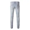 Men's Jeans EU Drip Biker's Light Blue Streetwear Distressed Ribs Patchwork Ripped Sides Zippers