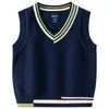 Autumn Winter Kids Boys Vest Knitted Cotton Sleeveless Pullover Sweater V-collar Loose Warm Stretch Contrast Children Vest 240116