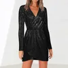 Robes décontractées robe à paillettes femmes col en V profond enveloppement froncé printemps manches longues maigre sexy automne fête discothèque vestidos dames