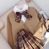 Spring Autumn Girls JK mundure 3pcs garnitury zestawu ubrania dla dzieci w stylu college z dzianinowym kardiganowym płaszczem spódnicy 1-8y 240115