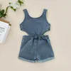 0-4Y enfants denim jeu costume bébé fille vêtements d'été couleur unie sans manches creux à manches courtes combinaison haut pour fille 240116