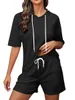 2-teiliges Damen-Trainingsanzug-Outfit, einfarbig, mit Kapuze, kurzärmelig, Kapuzenpullover, Oberteil, Kordelzug, elastische Taille, Shorts-Set 240115