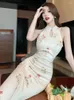 Loose Gemstones Chinese Style Sexy Cheongsam Young Girly Temperamental High-End Design Hollow-out Cinched Slimming Printed Dress Qipao