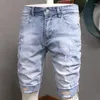 Heren jeans zomer lichtblauwe denim shorts herenmode bedrukt slim fit gescheurd kort