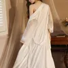 Stud Earrings Women Luxury Homewear Lace Robes Sheer Mesh Long Flare Sleeve Kimono Female White Drawstring Waist Maxi Bathrobe Sexy