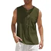Cotton Linen Tank Top Men Drawstring V Neck Sleeveless Shirts Summer Streetwear Casual Shirt Gym Fitness Slim Fit Vest Tops 240116