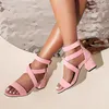 Sandálias Flock Material Vermelho Nude Cor Open Toe Cross-Strap Design Dupla Fivela Cinto Quadrado Salto Chunky Mulheres Plus Size 13 48