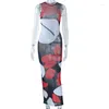 Casual Dresses Joskaa Abstract Print Mesh Maxi Dress Women Sexy See Through O-Neck Sleeveless Body-Shaping Robe Summer 2024 Cacation