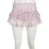 Jupes IAMTY Kawaii Floral Print Lace Couture A-ligne Jupe Rose Taille Basse Mousseline de Soie Y2K Coquette Lolita Soft Girls