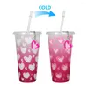 Tumblers Renk Değiştiren Tumbler Straw Cup 710ml Renk Kalp Deseni ile Kupa Seti Seti Anahtarlama Açılışı Damla Dirençli