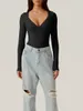 Damen-T-Shirts, Damen-Body mit V-Ausschnitt, lange Ärmel, gesäumte Körbchen, einfarbige Trikot-Oberteile, hoher Schnitt, Playsuit, Club, Street-Style, S-XL