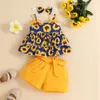 衣料品セット幼児の女の子のノースリーブフリルヒマワリのプリントTシャツトップベストショーツヘッドバンド衣装