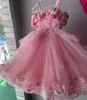 Blaues Umlegekragen-Partykleid für Kleinkinder, Spaghettiträger, Perlen, für Kinder, formelle Kleidung, 3D-Blume mit Schmetterling, Kindergeburtstagskleid