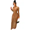 Women's Designer Fashion Sexy See-Through Round Neck Long Sleeve Slit Dress Size S-2XL