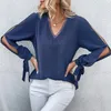 Women's Blouses Long Sleeve Shirt 2024 Autumn Solid V-Neck Sexy Hollow Out Blouse Elegant Office Lady Top S-XL